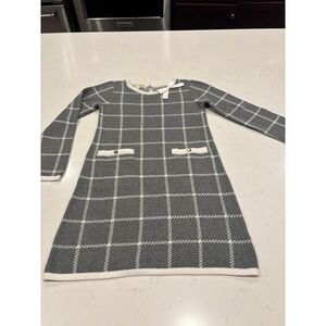 Hope & Henry Girls Grey Plaid Organic Cotton Sweater Dress Size 6 Bow Detail